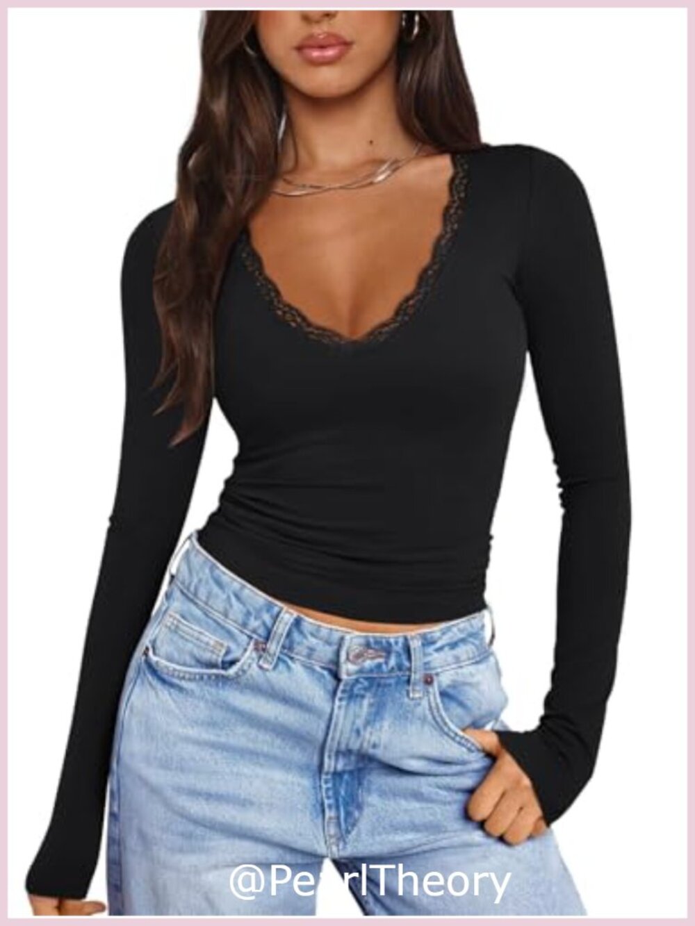 Lace Trimmed V-Neck Long Sleeve Fitted Top Sexy Going Out Y2K Fall Shirt